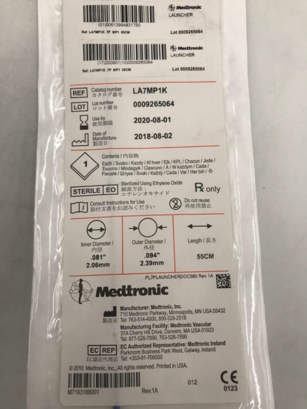 Medtronic LA7MP1K Launcher Guiding Catheter .081" MP1 55CM 7F 55cm (X)