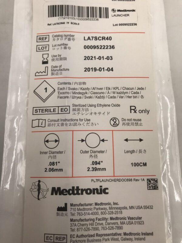Medtronic LA7SCR40 Launcher Guiding Catheter .081" SCR4.0 7F 100cm (X)