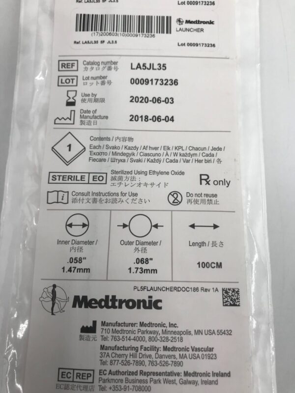 Medtronic LA5JL35 Launcher Guiding Catheter .058" JL3.5 5F 100cm (X)