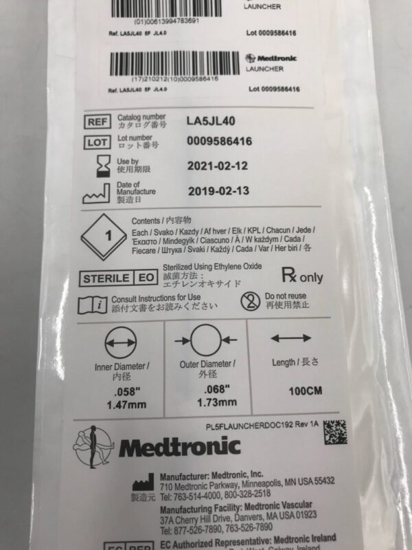 Medtronic LA5JL40 Launcher Guiding Catheter .058" JL4.0 5F 100cm (X)