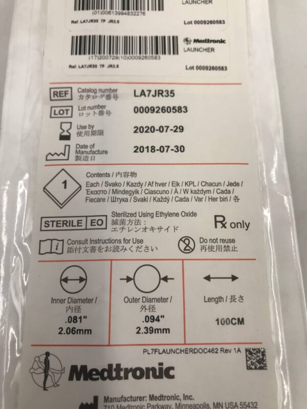 Medtronic LA7JR35 Launcher Guiding Catheter .081" JR3.5 7F 100cm (X)