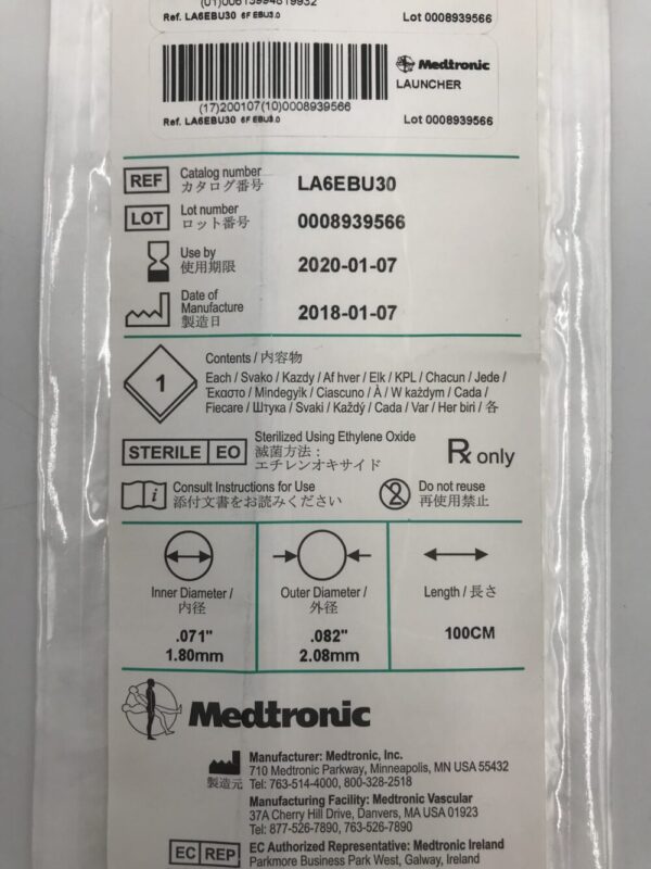 Medtronic LA6EBU30 Launcher Guiding Catheter EBU3.0 6F 100cm (X)