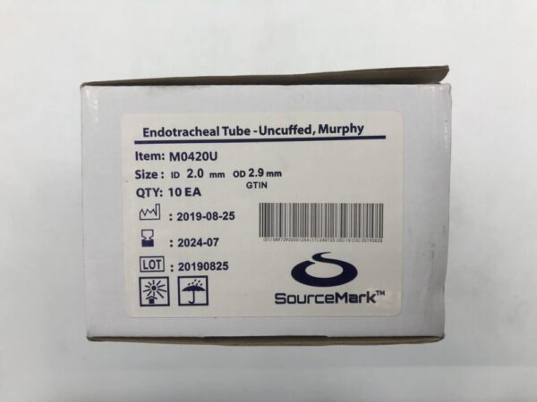 SourceMark M0420U Endotracheal Tube-Uncuffed Murphy I.D. =2.0mm, O.D. =2.9mm (10/Box)