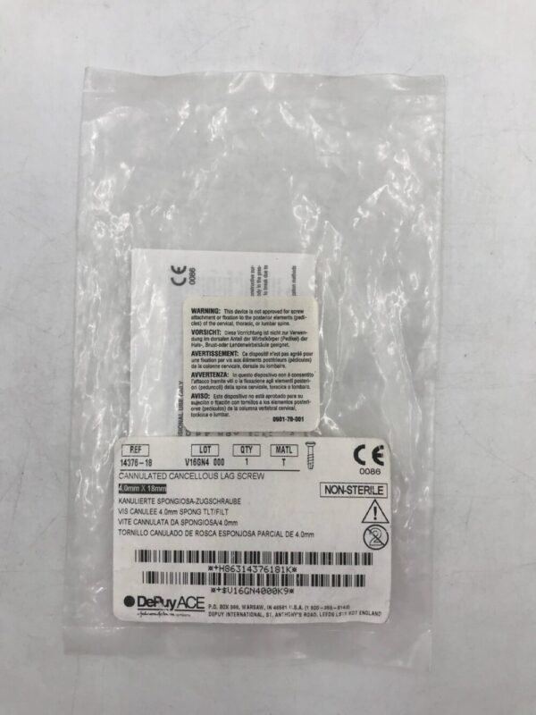 DePuy 14376-18 Cannulated Cancellous Lag Screw 4mm x 18mm