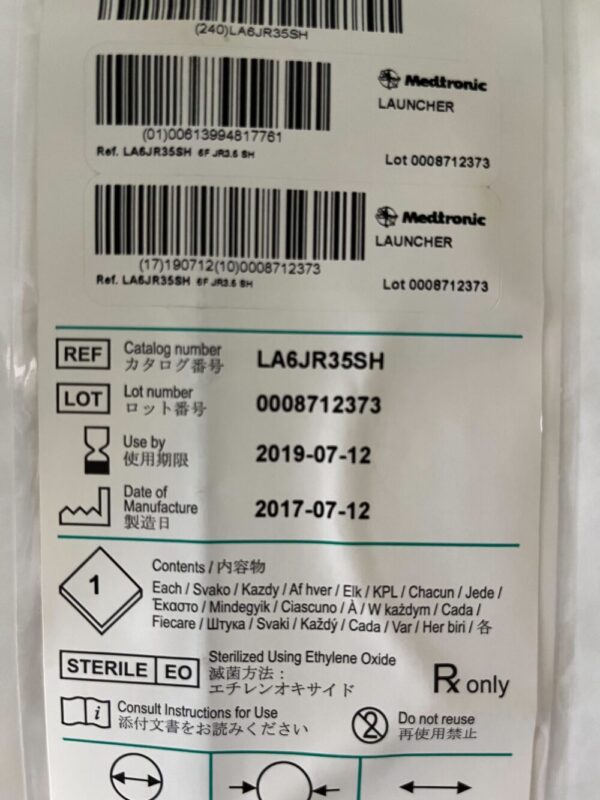 Medtronic LA6JR35SH Launcher Guiding Catheter JR3.5 SH 6F 100cm (X)