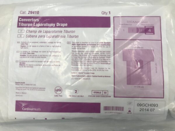 CARDINAL HEALTH 29410 Convertors Tiburon Laparotomy Drape AAMI Level 4, 106x122x77in (X)