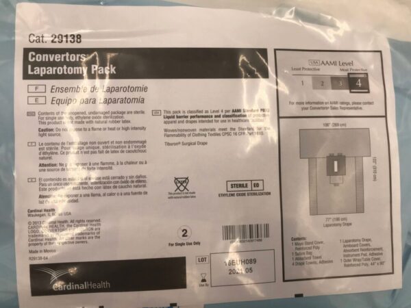 CARDINAL HEALTH 29138 Convertors Laparotomy Pack AAMI Level 4, 106x122x77in (X)