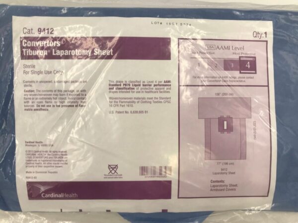 CARDINAL HEALTH 9412 Convertors Tiburon Laparotomy Sheet AAMI Level 4, 106x123x77in