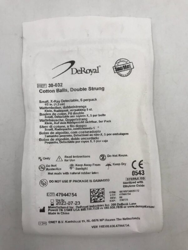 DeRoyal 30-032 Cotton Balls Double Strung Small X-Ray Detectable (5/Pack) 1/2in (1.3cm) (X)