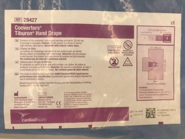 CARDINAL HEALTH 29427 Convertors Tiburon Hand Drape AAMI Level 4, 77x146in (X)