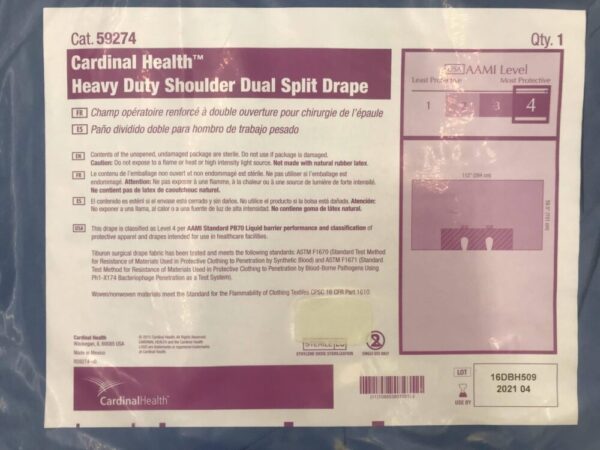 CARDINAL HEALTH 59274 Heavy Duty Shoulder Dual Split Drape AAMI Level 4, 112x59.5in (X)