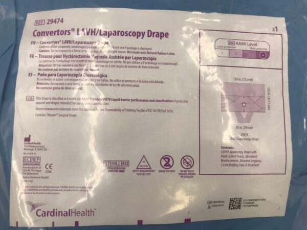 CARDINAL HEALTH 29474 Convertors LAVH/Laparoscopy Drape AAMI Level 4, 124x125x30in
