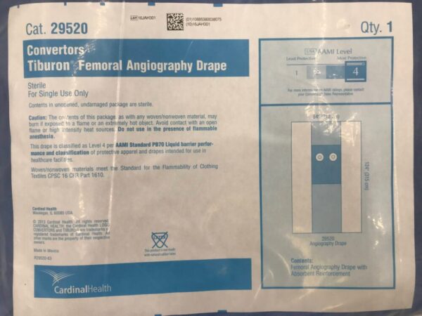 CARDINAL HEALTH 29520 Convertors Tiburon Femoral Angiography Drape AAMI Level 4, 84x124in