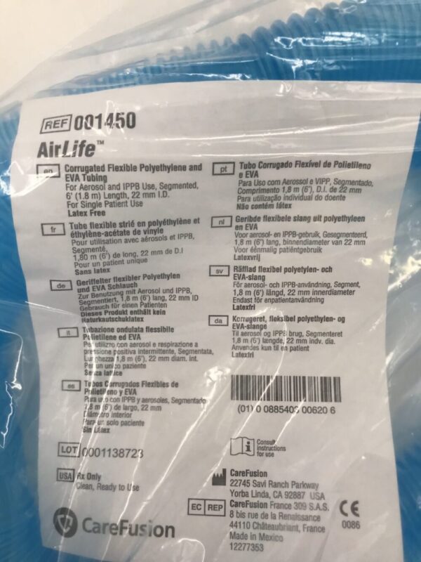 CareFusion 001450 AirLife Corrugated Flexible Polyethylene and EVA Tubing 6' (1.8m) Length 22mm I.D.