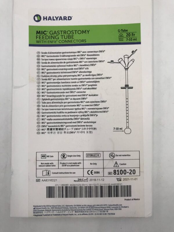 HALYARD 8100-20 MIC Gastrostomy Feeding Tube w/ EnFit Connectors G-Tube 20F(X)
