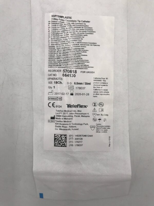 TELEFLEX 570618 Rusch SoftSimplastic 3 Way Foley Couvelaire Tip Catheter 18Ch (X)