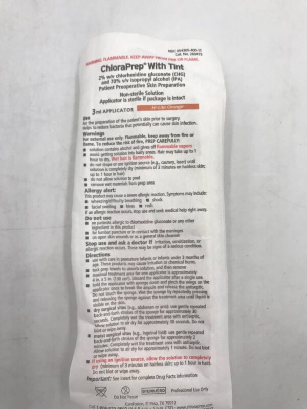 CareFusion 260415 ChloraPrep with Tint 3ml Applicator Hi-Lite Orange (20/Bag) (X)
