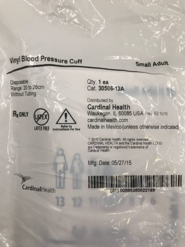 Cardinal Health 30506-12A Vinyl Blood Pressure Cuff Small Adult Disposable Range 20 to 26cm without Tubing