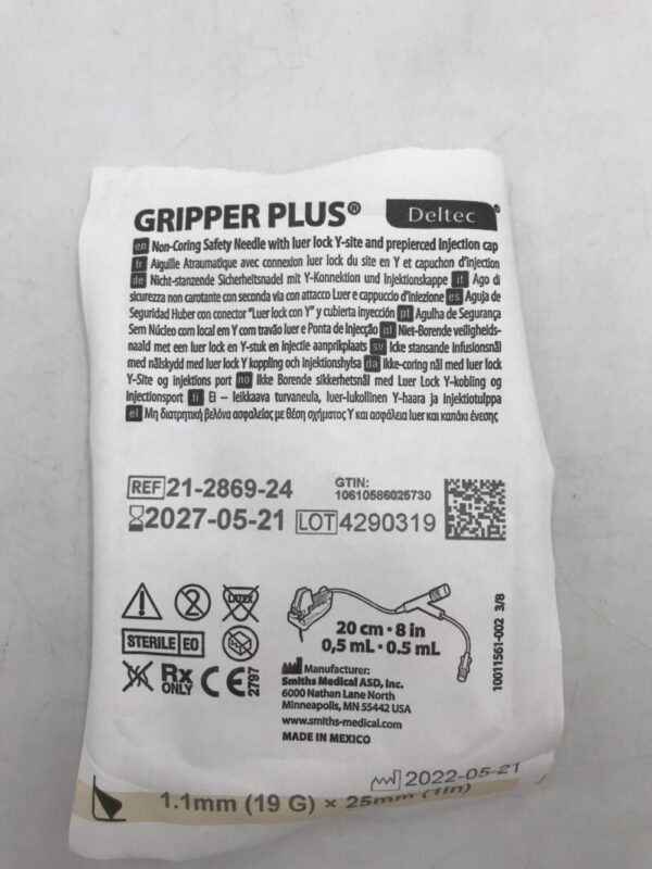 Smiths Medical 21-2869-24 Gripper Plus Deltec Non-Coring Safety Needle with Luer Lock