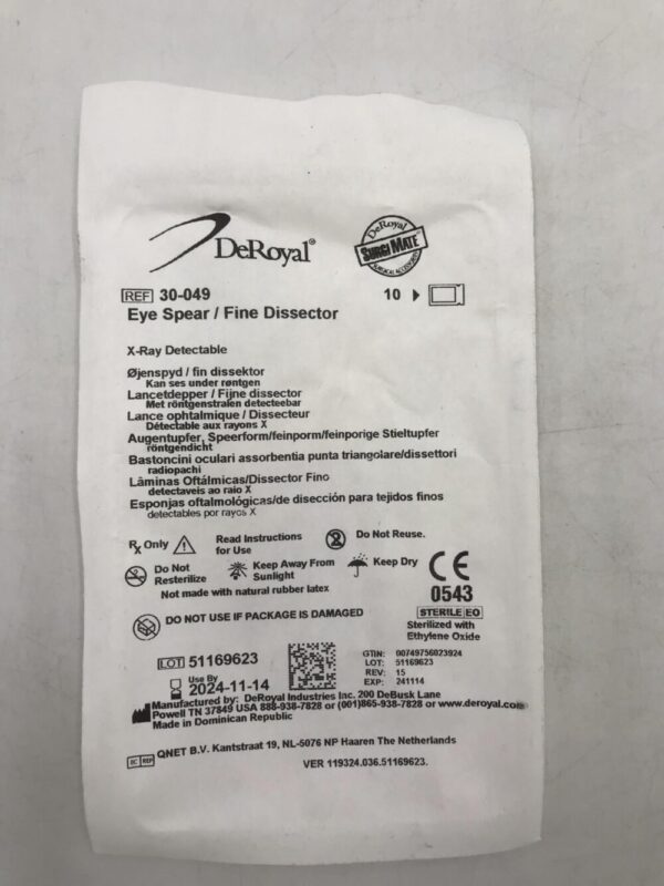 DeRoyal 30-049 Eye Spear / Fine Dissector X-Ray Detectable 10/Package