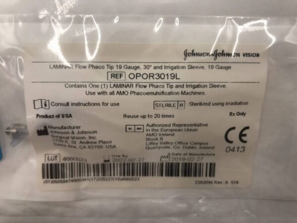 Johnson & Johnson OPOR3019L Laminar Flow Phaco Tip 19 Gauge 30° and Irrigation Sleeve 19 Gauge (X)