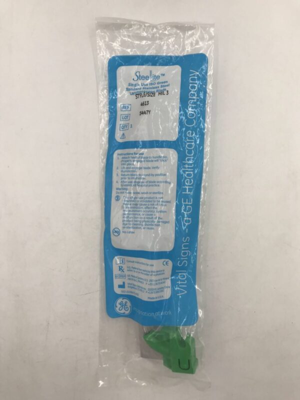 Vital Signs 4613 SteeLite Single Use ISO Green Standard Stainless Steel Laryngoscope Blade Style/Size MIL 3