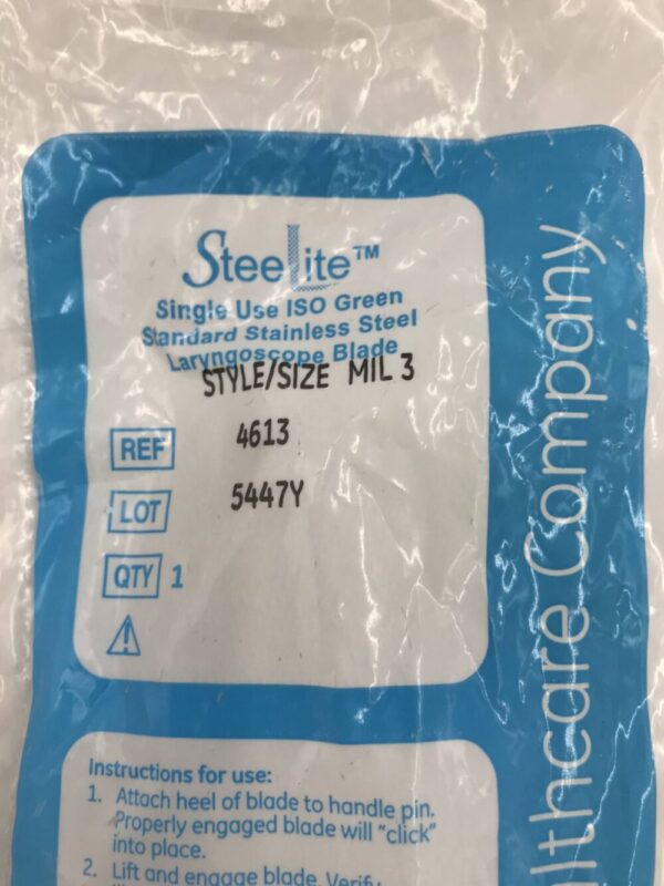 Vital Signs 4613 SteeLite Single Use ISO Green Standard Stainless Steel Laryngoscope Blade Style/Size MIL 3