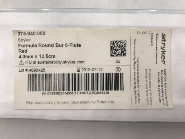 Stryker 375-940-000 Formula Round Bur 6-Flute Red 4.0mm x 12.5cm (Reprocessed) (X)