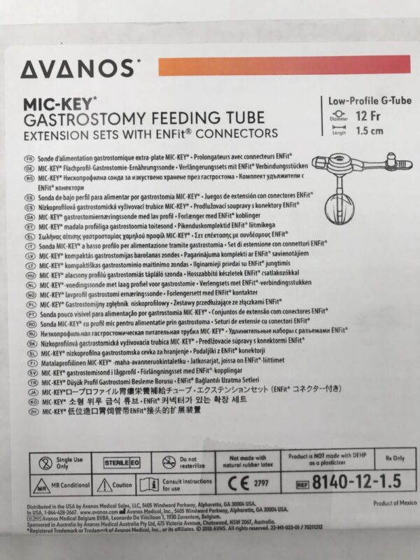 Avanos 8140-12-1.5 Mic-Key* Gastrostomy Feeding Tube Extension Sets with ENFit Connectors Low-Profile G-Tube 12Fr
