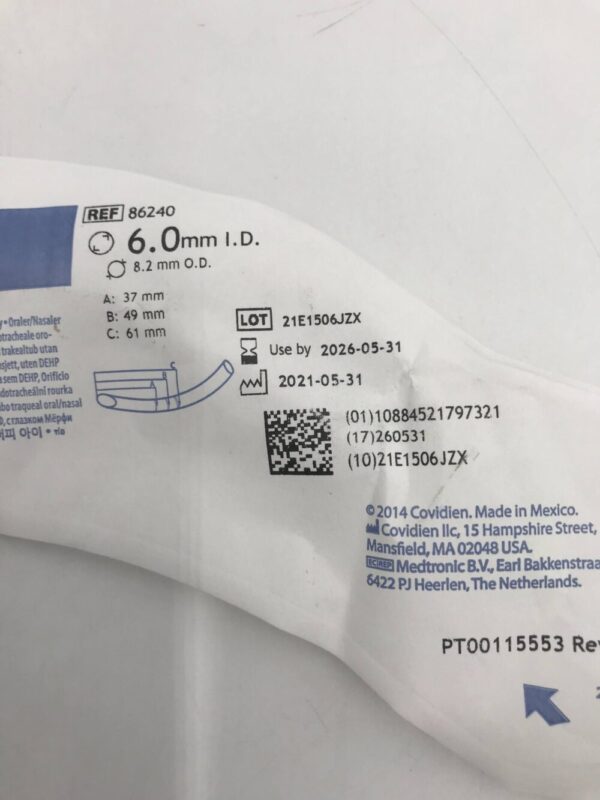Covidien 86240 Shiley Oral/Nasal Tracheal Tube Cuffless Murphy Eye 6.0mm I.D.