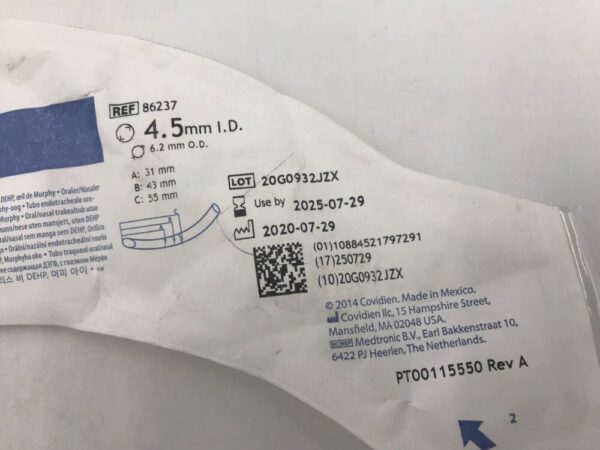 Covidien 86237 Shiley Oral/Nasal Tracheal Tube Cuffless 4.5mm I.D. 6.2mm O.D.
