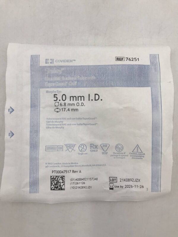 Covidien 76251 Shiley Oral RAE Tracheal Tube with TaperGuard Cuff Murphy Eye I.D.=5.0mm, O.D. 6.8mm