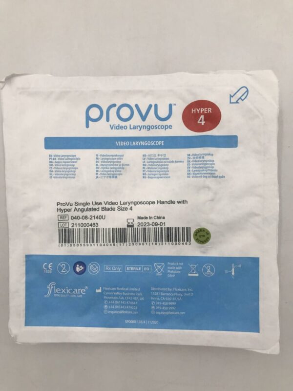 Flexicare 040-08-2140U ProVu Single Use Video Laryngoscope Handle with Hyper Angulated Blade Size 4 (X)