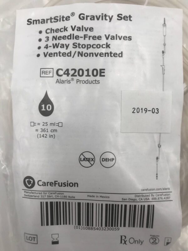 CAREFUSION C42010E SmartSite Gravity Set Check Valve 3 Needle-Free Valves Drop 10 (X)