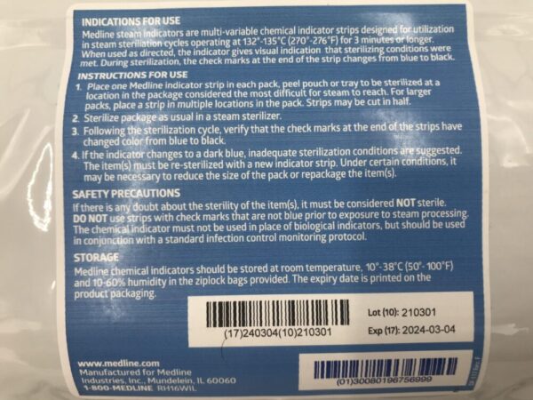 Medline MDS200150C Steam Sterilization Indicator Strips 8in Strips (250/Package) (X)