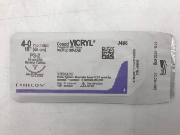 Ethicon J496 VICRYL Coated Suture Undyed Braided 4-0 18" PS-2 19mm Reverse Cutting Multipass Needles