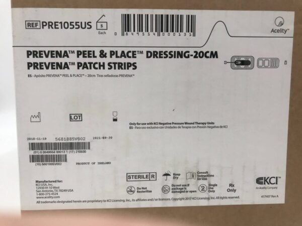 KCI PRE1055US Prevena Peel & Place Dressing-20cm Prevena Patch Strips (5/Box) (X)