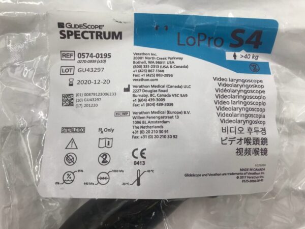 VERATHON MEDICAL 0574-0195 GlideScope Spectrum Dynamic Light Control LoPro S4 Video Laryngoscope >40kg (X)