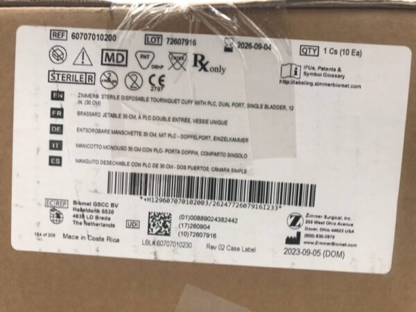 ZIMMER 60707010200 Disposable Tourniquet Cuff w/ PLC, Dual Port, Single Bladder 12in (10/Case)