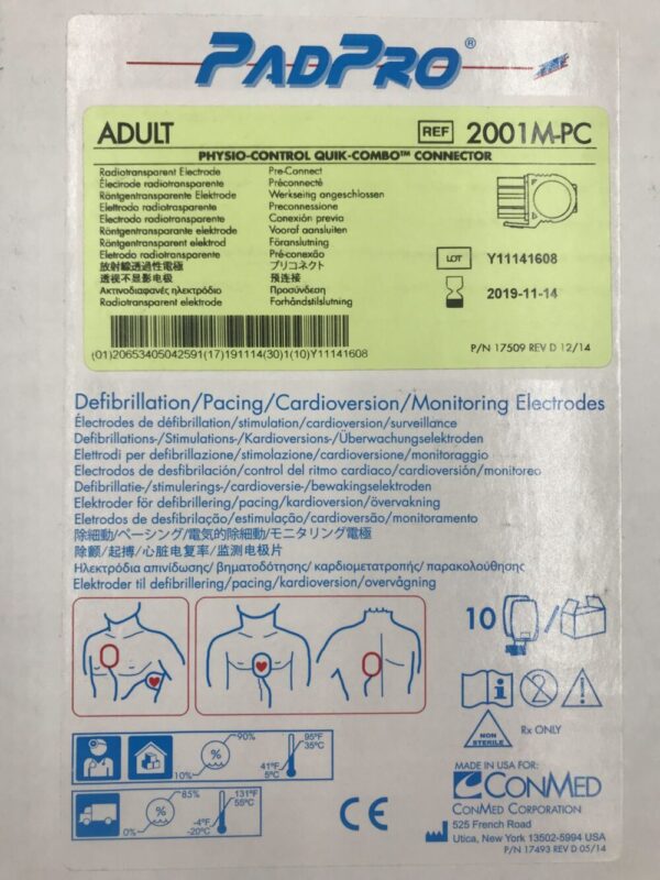 ConMed 2001M-PC PadPro Adult Physio-Control Quick-Combo Connector Radiotransparent Electrode (10/Box)(X)