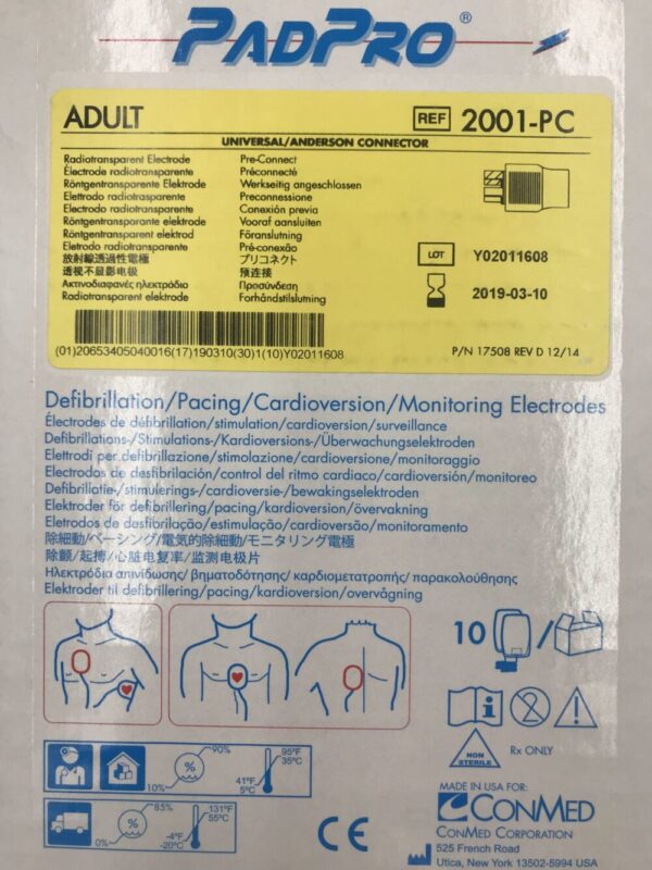 CONMED 2001-PC PadPro Adult Universal/Anderson Connector Radiotransparent Electrode (10/Box)(X)