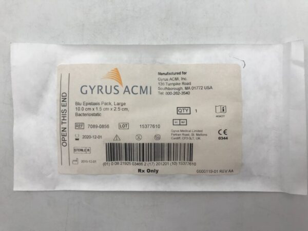 Gyrus ACMI 7089-0856 Blu Epistaxis Pack Large 10.0cm x 1.5cm x 2.5cm  Bacteriostatic (X)