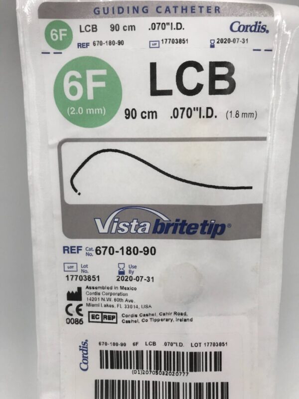 Cordis 670-180-90 Vista Britetip LCB Guiding Catheter 6F 90cm (X)