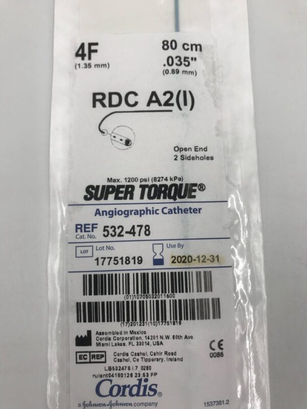 Cordis 532-478 Super Torque RDC A2(I) Angiographic Catheter 4F 80cm (X)