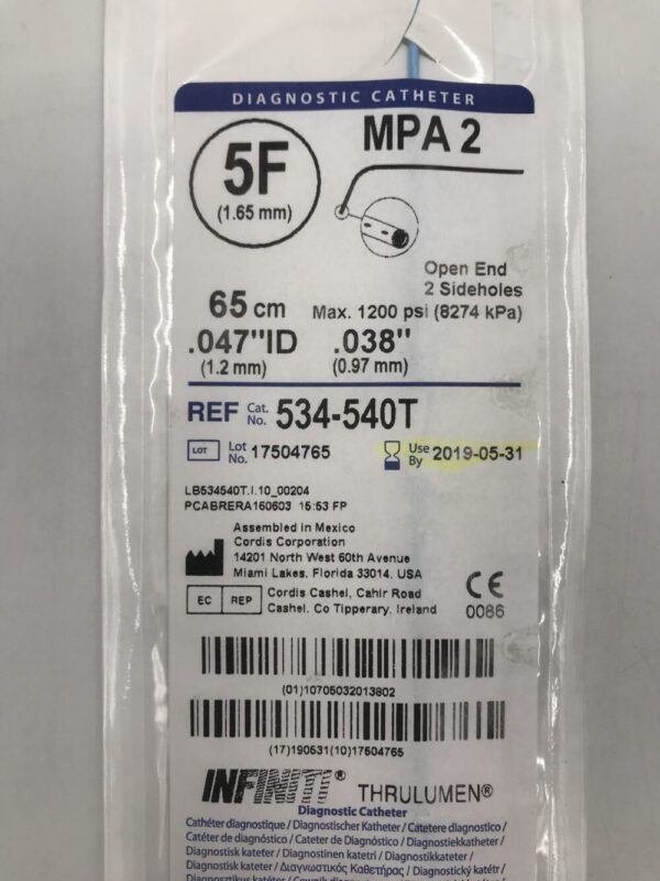 Cordis 534-540T Infiniti Thrulumen MPA 2 Diagnostic Catheter 5F 65cm (X)