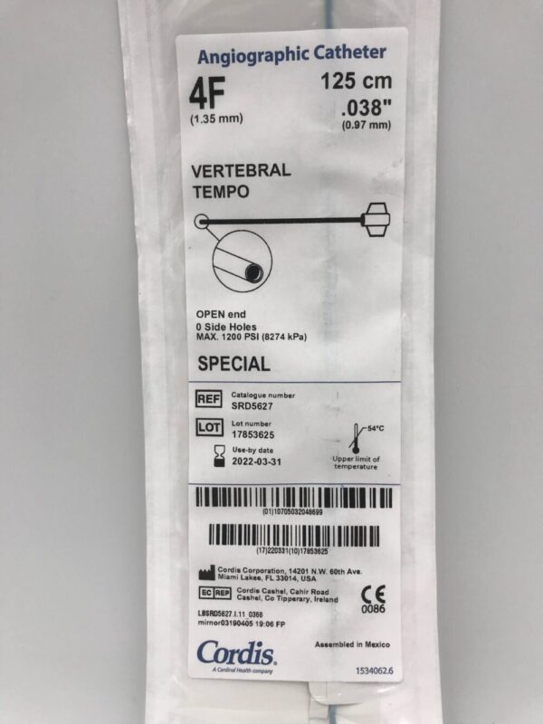 Cordis SRD5627 Special Vertebral Tempo Angiographic Catheter 4F 125cm (X)