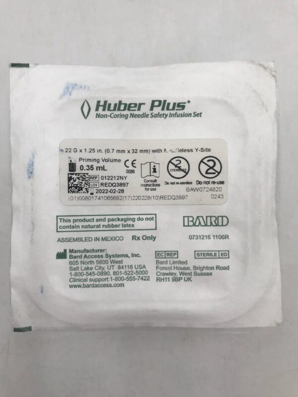 Bard 012212NY Huber Plus Non-Coring Needle Safety Infusion Set 22G x 1.25in w/Needleless Y-Site (X)