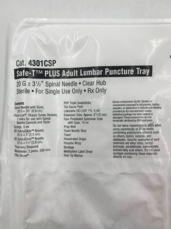 CareFusion 4301CSP Safe-T Plus Adult Lumbar Puncture Tray 20G x 3 1/2(X)