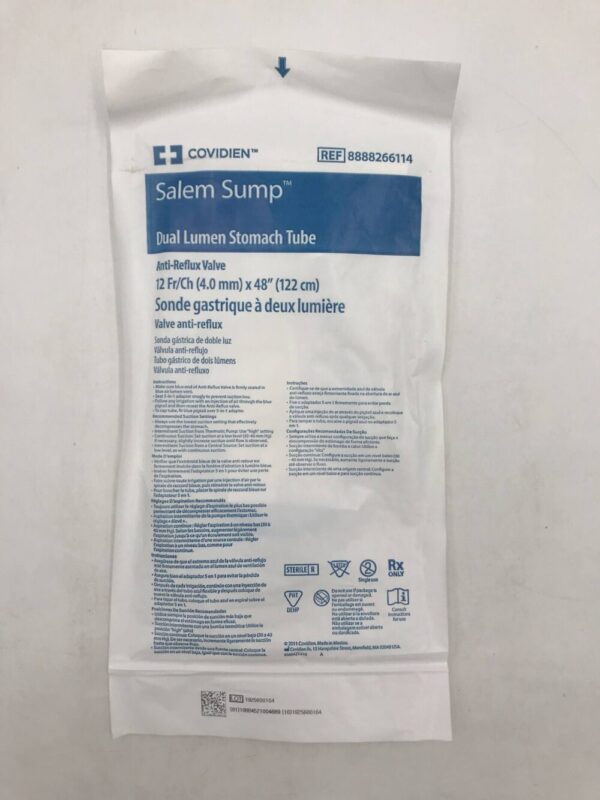 Covidien 8888266114 Salem Sump Dual Lumen Stomach Tube Anti-Reflux Valve 12Fr/Ch (4.0mm) x 48" (122cm)