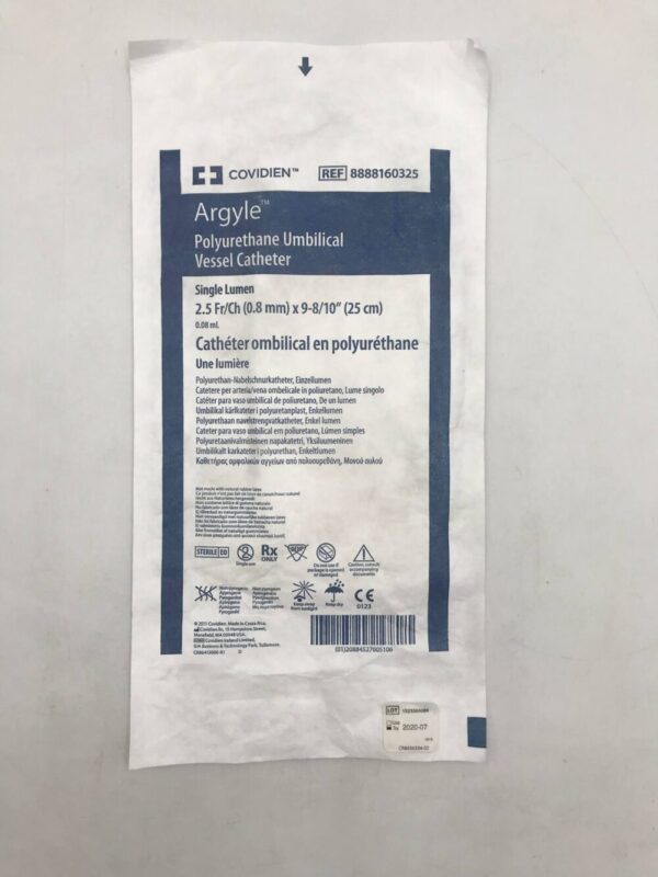 Covidien 8888160325 Argyle Polyurethane umbilical Vessel Catheter Single Lumen 2.5Fr/Ch (0.8mm) x 9-8/10"(25cm) 0.08mL (X)